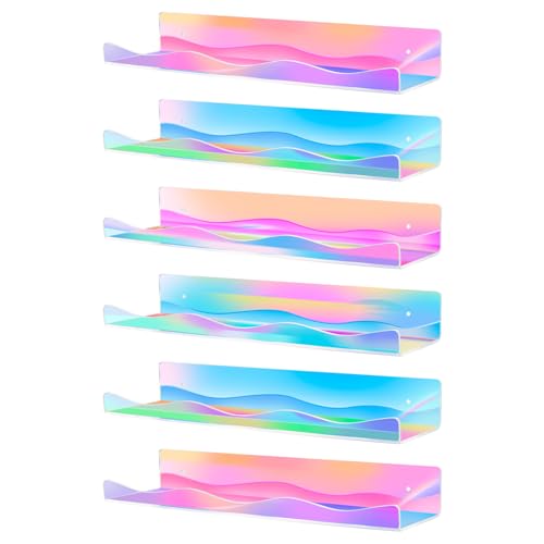 6 Pack Iridescent Acrylic Floating Shelves, 15.7" Clear Acrylic Display Shelves Bookshelf Wall Mounted, Bathroom Kids Room Home Storage Wall Decor Ledge Shelf for Skincare, Perfume, Nail Polish - style: 15.7 inch 6-pack, Iridescent