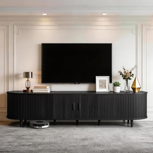 MXV 80" Mid-Century Modern TV Stand with Sliding Doors, TV Consoles with Power Outlet, Fluted Entertainment Center with Adjustable Shelves, for Living Room - color: Black, size: 80in