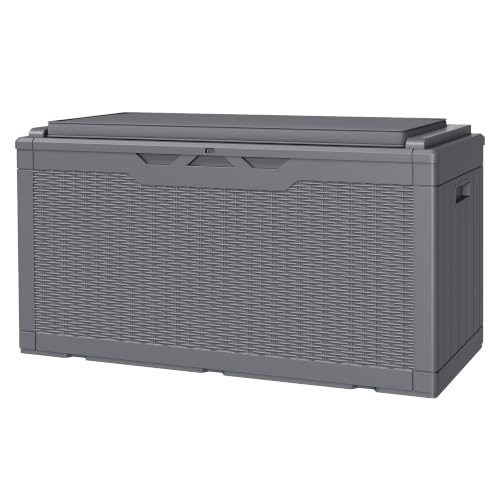 JUMMICO 100 Gallon Resin Deck Box with Cushion, Waterproof Outdoor Storage Box with Lockable Lid for Garden Tools, Patio Cushions (Gray) - color: Gray, size: 100 gallon with cushion