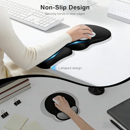 Ospelelf Mouse Pad with Wrist Rest Set Foam L-Shaped Desk Elbow Pad Ergonomic Desk Edge Cushion Anti-Slip Rubber Bottom Office Women Desk Accessories for Computer, Laptop and Gaming, Black - color: Black