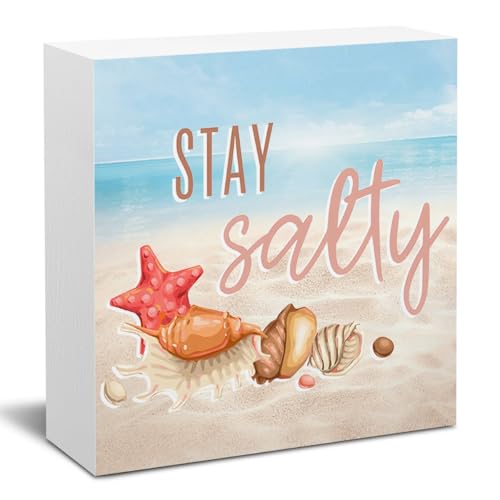 Summer Beach Sign Decor Summer Decorations for Home Coastal Beach Theme House Room Bedroom Bathroom Classroom Decor Stay Salty Wooden Box Sign 5 X 5 Inch - color: Stay