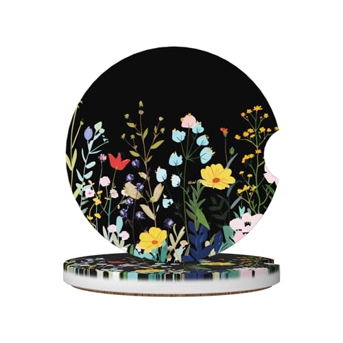 Wild Flowers Car Cup Holder Coasters 2 Pack Universal 2.63 Inch Anti Slip Ceramic Absorbent Coaster with Cork Base and Finger Notch Cute Car Accessories Interior for Women - color: Green