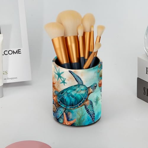 Ocean Turtles and Starfish Pen Holder Pencil Organizer for Desk, 3.1”x 3.1”x3.9” Pencil Cup Office Supplies, Large Capacity Cute Pen and Makeup Brush Holder for School, Desktop - color: Ocean Turtles and starfish