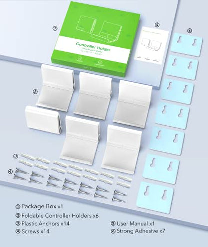6amLifestyle 6 Pack Foldable Controller Wall Mount Holder for Xbox PS5 PS4 PS3 Switch Pro Strong Adhesive/Screw Controller Hanger Hook with Anti-Slip Pad Universal Gaming Remote Accessories, White - color: White