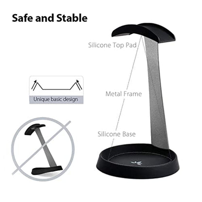 Avantree HS102 - Metal & Silicone Headphone Stand Hanger with Cable Holder, Black Desk Earphone Mount Rack, Fancy Music Studio Accessories