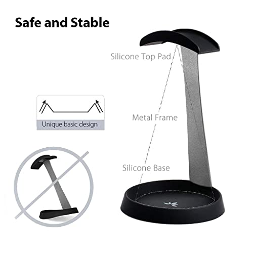 Avantree HS102 - Metal & Silicone Headphone Stand Hanger with Cable Holder, Black Desk Earphone Mount Rack, Fancy Music Studio Accessories