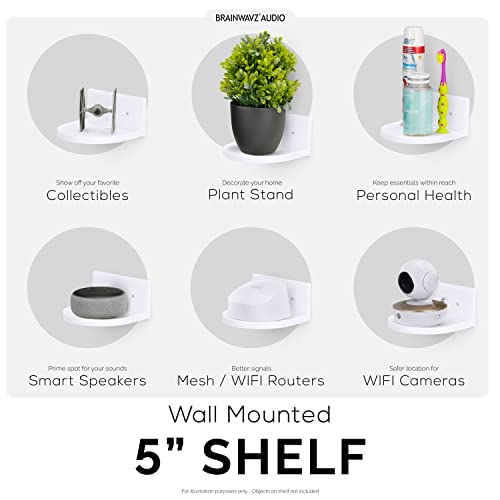 BRAINWAVZ 5” Small Floating Shelf, Adhesive & Screw in, for Bluetooth Speakers, Cameras, Plants, Books, Toys & More, Universal Shelves, Easy to Install Shelf CF2105 White - color: 5" White Shelf