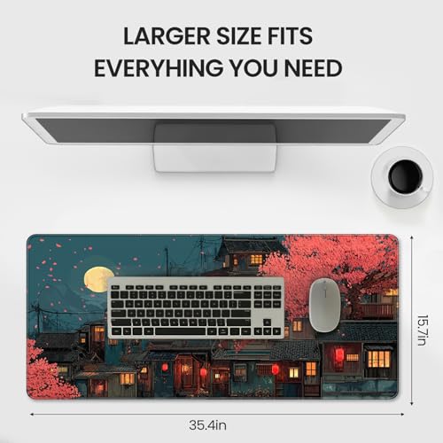 Japanese Anime Cherry Blossom Night Scene Mouse Pad, XXL Extended 35.4 x 15.7 Inch Desk Mat, Non-Slip Rubber Base, Microfiber Cloth Surface, Game Table mat - color: Japanese-style Night Scene Design