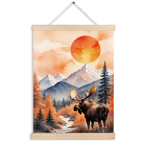 Boho Moose Sun Forest Mountain Canvas Wall Art Poster Hanger Frames, Boho Home Decor, Watercolor Mid Century Modern Wildlife Deer Nature Landscape Wall Decor Prints for Home Bedroom Living Room, 12x16 Inch - color: Color-Mountain Lakeside Landscape 08
