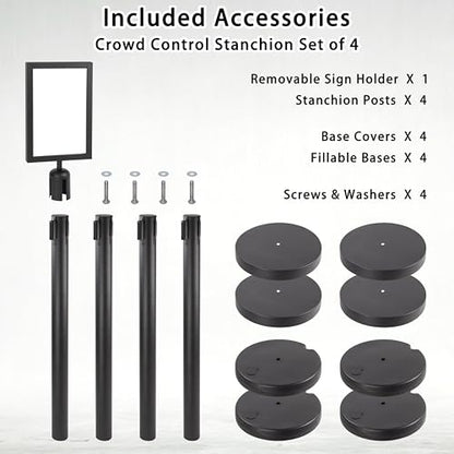 Crowd Control Stanchions w/Retractable Belt Sign Topper 4 Pack | 6.6ft / 2m Retractable Belt Barriers with Durable Refillable Enlarged Base for Crowd Control & Queue Management - size: 4 PCS