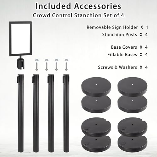 Crowd Control Stanchions w/Retractable Belt Sign Topper 4 Pack | 6.6ft / 2m Retractable Belt Barriers with Durable Refillable Enlarged Base for Crowd Control & Queue Management - size: 4 PCS