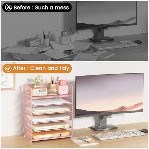 Subekyu 6 Tier Office File Paper Desk Tray Organizer with Handle, Stackable Slide Mesh Letter Tray Folder Pink Desk Organizer, Desktop Document Sorter for Classroom, Office, Home Supplies Storage - color: Pink
