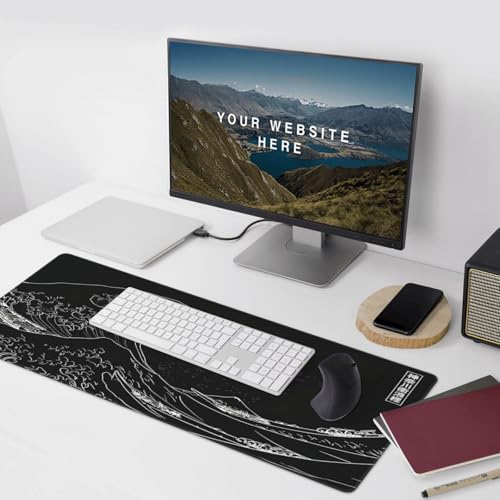Japanese Gaming Mouse Pad XXL Black Mouse Pad Kanagawa Large Mousepad Non-Slip Rubber Base Waterproof with Stitched Edges for Gaming Office Home, 35.4x15.7x0.12 Inch (Black Wave) - color: Kanagawa Wave, size: 35.4Lx15.7W inches