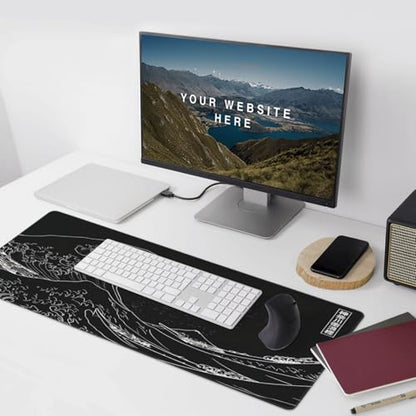Japanese Gaming Mouse Pad XXL Black Mouse Pad Kanagawa Large Mousepad Non-Slip Rubber Base Waterproof with Stitched Edges for Gaming Office Home, 35.4x15.7x0.12 Inch (Black Wave) - color: Kanagawa Wave, size: 35.4Lx15.7W inches