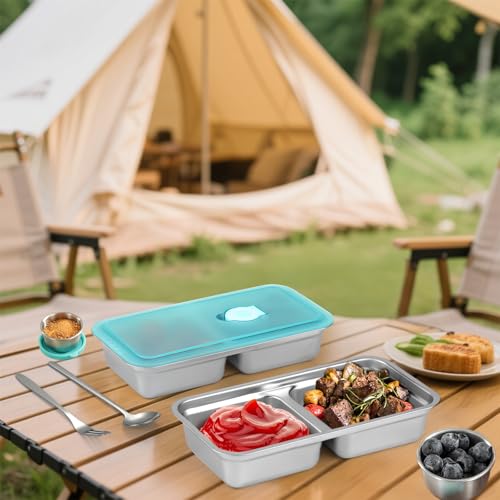 KITHELP 2 Pcs Grab and Go Snack Containers Reusable with Lids, Stainless Steel Double Compartment Snack Containers with 1 Forks 1 Spoons and 2 Salad Dressing Container, for Camping, Lunch, Dessert - color: Blue-2