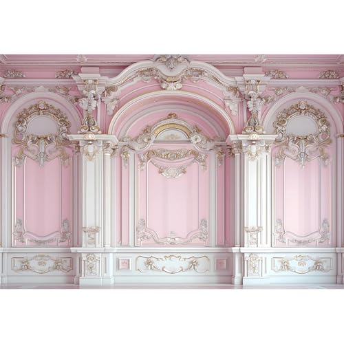 Pink European Palace Wall Backdrops 5x3ft Classic Room Interior Wall Gypsum Pattern Background Princess Girls Birthday Decors Wedding Baby Shower Banner Photo Booth Studio Props Photoshoot - color: pink and white, size: 5x3ft