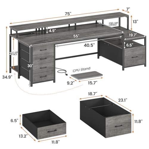 SEDETA 75'' Computer Desk with 5 Drawer, Power Outlet & Led Lights, Home Office Desk with File Drawer, Storage Shelves, Printer Cabinet and Monitor Shelf, 23.6" W Large Desktop Gaming Desk, Grey - color: Grey, size: 75X23.6inch