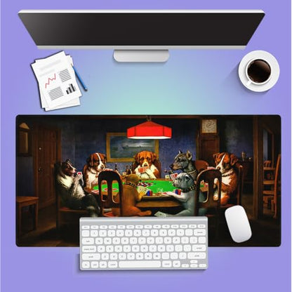 Large Gaming Mouse Pad (31.5" x 15.8") - Dogs Playing Poker Oil Painting Art Funny Cute Pets Joking Games Artwork, Extra XXL Extended Office Accessories, Premium Stitched Anti-Slip Desk Mat - color: Dogs Playing Poker