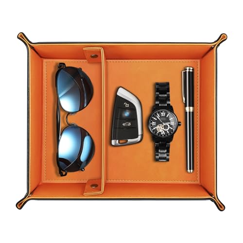 SITHON Valet Tray Desktop Storage Organizer, Removable 2 Compartments Catchall Tray Bedside Vanity Nightstand Caddy Holder Desk Storage Plate, Orange - color: Orange