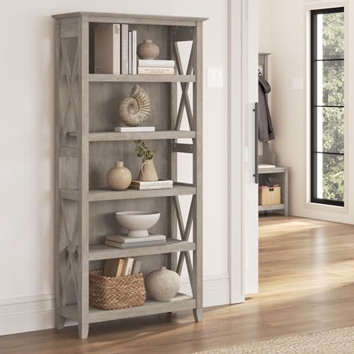 Bush Home Tall 5 Shelf Bookcase for Living Room or Home Office, Large Bookshelf, Modern Farmhouse Style, Key West Collection, Washed Gray - color: Washed Gray, size: 5 Shelf