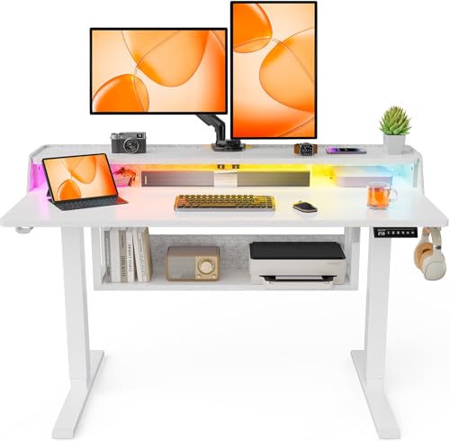 ErGear Electric Standing Desk, 48x24 Inch Adjustable Sit Stand Desk with Bookshelf & Monitor Stand, Standing Gaming Desk with LED Light Strip, Stand Up Desk for Home Office, White - color: White, size: 48*24 Inch with shelf