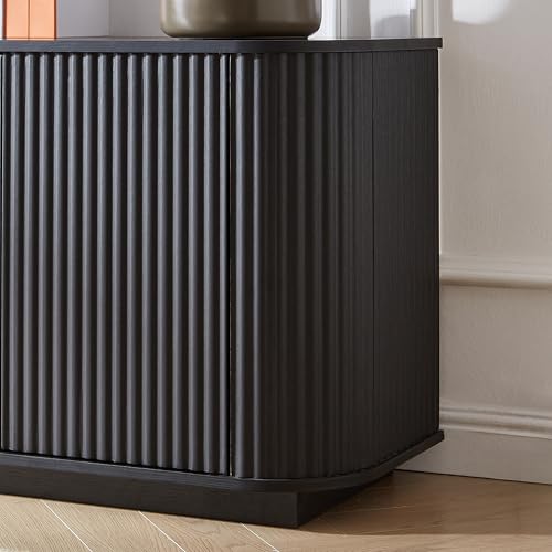 64" Modern TV Stand Sideboard Storage Cabinet, Wooden Curved TV Console with Sliding Doors, Wave Pattern Buffet Cabinet Wooden Vertical Striped Table for Kitchen/Bedroom/Entryway (Black) - color: Black