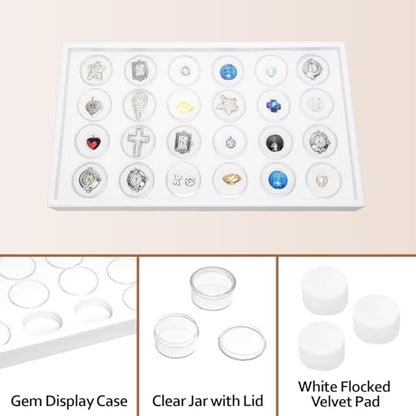 Ikee Design 24 Gem Showcase Stackable Jewelry Display Tray for Collectibles, Rock Storage Box Gemstones Bead Storage Jars, White Foam, White Tray, 14 7/8W x 8 3/8D x 1H in - color: White Foam/White Tray (24 Large Jars)
