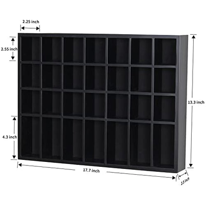 Black Shot Glass Display Case 18" x13" Solid Wood Wall Mounted Collection Cabinet 28 Slots Small Curio Cabinet Rack (No Door) - color: Black