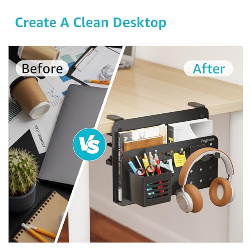PEGZONE Desk Side Storage Organizer, No Drill Under Desk Laptop Holder, Clamp on Desks Shelf with Pegboard Accessories, Hanging Laptop Mount, Fits Flat Edge 0.4" to 2.2", Black - color: Black