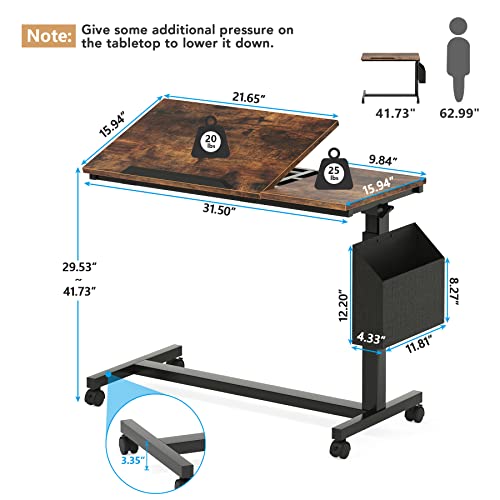 Tribesigns Height Adjustable C Shaped End Table with Wheels and Side Pocket, Mobile Sofa Snack Table with Tiltable Drawing Board, Laptop Side Tray Table for Couch Bed (Rustic Brown) - color: Rustic Brown