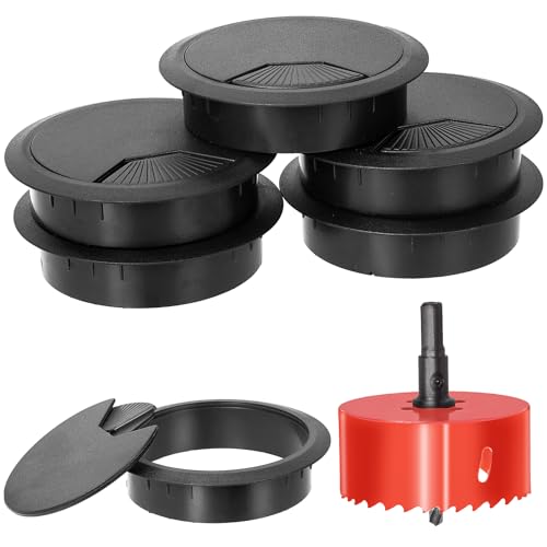 Swpeet 6Pcs Black Desk Cable Wire Grommet Cord with Hole Saw, Tidy Cable Hole Cover Organizers, Desk Wire Cord Cable Grommets Hole Cover, 1Pcs 3.15Inch_80mm Tools Hole Saw with Arbor for Office Desk - color: Black, size: 80mm