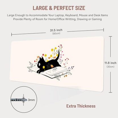 Mousepad Desk Mat Gaming Large Keyboard Cute Office Desktop Computer Laptop XXL Long Big Kawaii Aesthetic Girly Pretty Design Women Girl Gamer Oversized Wide 30x12'' Mousepad, Cat Book - color: Black Cat