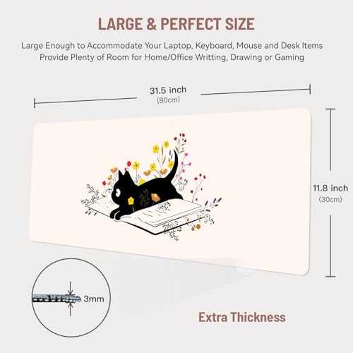 Mousepad Desk Mat Gaming Large Keyboard Cute Office Desktop Computer Laptop XXL Long Big Kawaii Aesthetic Girly Pretty Design Women Girl Gamer Oversized Wide 30x12'' Mousepad, Cat Book - color: Black Cat