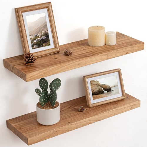 Floating Shelves for Wall Decor, 8" Deep Rustic Solid Elm Wood Floating Shelves Wall Mounted, Wall Shelves with Invisible Bracket for Living Room Bathroom Bedroom Kitchen, 24 Inch Set of 2, Natural - color: Natural, size: Flat Edge, 24inch, 2Packs
