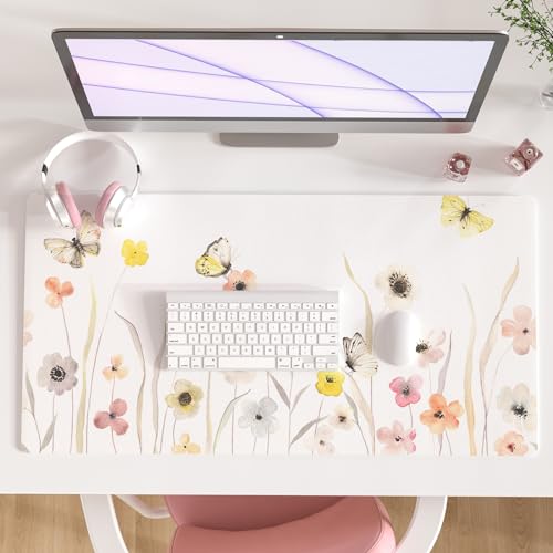 Colorful Star Large Mouse Pad, Watercolor Floral Desk Mat Office Supplies, Waterproof PU Leather Gaming Mousepad for Women Girls, Butterflies Desk Pad Home Office Décor Accessories 31.5" x 15.7" - color: Floral Butterflies, size: 31.5L x 15.7W inches