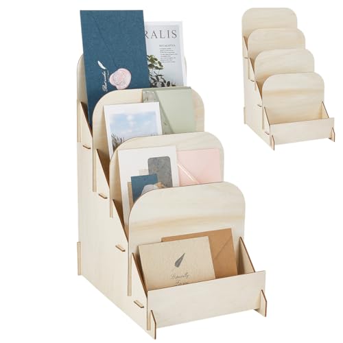 AHANDMAKER 4 Tier Greeting Card Display Stand, Wooden Multi Purpose Portable Sticker Stationery Organizer Counter Retail Rack for Vendors Art Print Craft Market Table Display Showcase