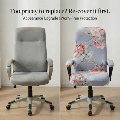 WOMACO Office Chair Covers, Stretch Computer Chair Cover with Armrest Covers, Universal Boss Chair Covers Modern Simplism Style High Back Chair Slipcover (Pink Flower, Large) - color: 2-pink Flowers