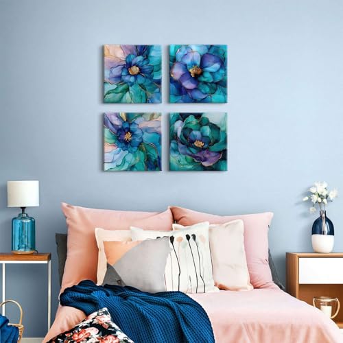 Abstract Teal Wall Art Turquoise Marble Wall Decor Teal Purple Blue and Gold Flowers Canvas Prints Marble Textured Floral Paintings Artwork for Living Room Bedroom Office Home Decoration 12x12" 4Pcs - color: Marble, size: 12 x 12 in