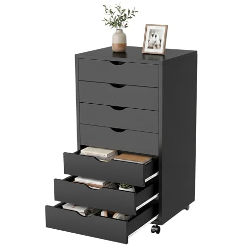 7 Drawer File Cabinet, Under Desk Storage Organization with Wheels, Mobile Filing Chest for Small Desk Printer Stand for Home Office, Black - color: Black, size: 15.75"D x 18.74"W x 34.25"H