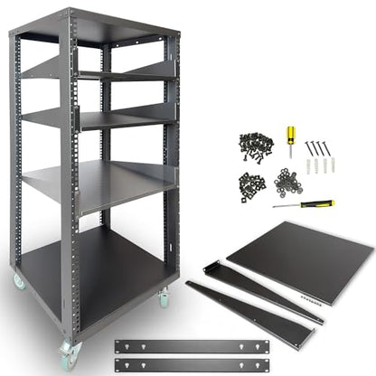 AxcessAbles 22U Open Frame Network & AV Rack with Caster Wheels, Three 2U Shelves, 10-32 & Cage Nut Compatible Rails, Cage Nuts, Screws, Cage Nut Tool & Wall Mount Kit | 19-Inch Equipment Rack - size: 22U - 3 Shelves