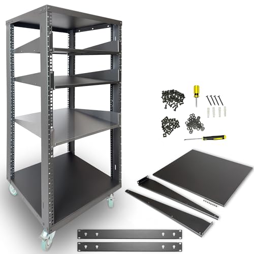 AxcessAbles 22U Open Frame Network & AV Rack with Caster Wheels, Three 2U Shelves, 10-32 & Cage Nut Compatible Rails, Cage Nuts, Screws, Cage Nut Tool & Wall Mount Kit | 19-Inch Equipment Rack - size: 22U - 3 Shelves