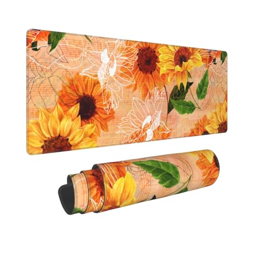 Sunflower Gaming Mouse Pad, Hand Drawn Floral Note Music Large Extended Desk Mat 11.8X 31.5 inches with Non-Slip Base & Stitched Edges, Waterproof Desk Mat for Office, Home, Laptop, Computer Keyboard - color: Sunflower_18