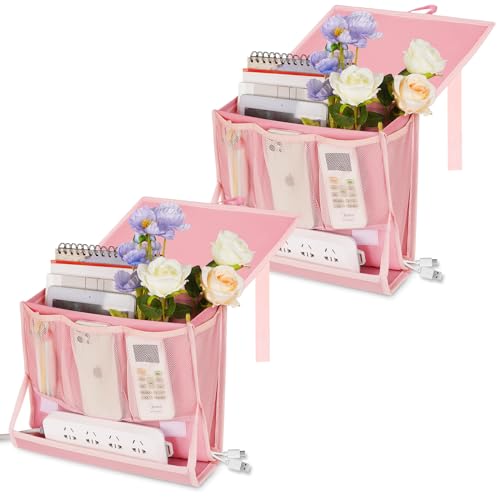 Bedside Caddy Bedside Storage Organizer Bedside Organizer with Power Strip Holder and 2 Adjustable Straps for Home Bunk Bed College Dorm Sofa (2 Pack Pink) - color: 2 Pack Pink