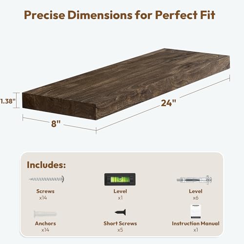 Flat Edge Elm Wood Floating Shelf with Invisible Bracket 24”American Walnut - color: American Walnut, size: 24”,set of 2