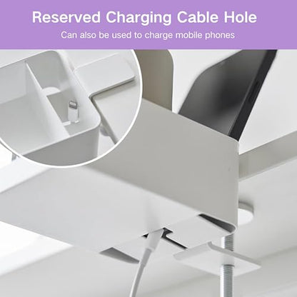 Desk Cup Holder Clamp - Ajustable Desktop Hanging Storage Rack, Clamp On Cup Holder with Cup/Phone/Pen, with Charging Hole and Spill-Proof Cup Design (White)