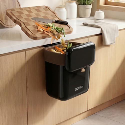 Large 3.9 Compost Bin Kitchen with Lid, Under Cabinet Waste Bin for Kitchen Cupboard, Reusable Waste Container for Office, Bathroom, Bedroom, Black - color: Black