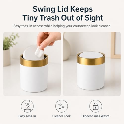 Mini Trash Can with Lid, 1.5L / 0.4 Gal Small Metal Countertop Trash Bin with Swing Lid for Desk, Coffee Bar, Vanity, Bathroom, Office, White - color: White