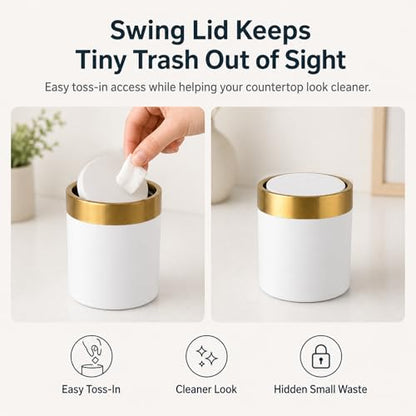 Mini Trash Can with Lid, 1.5L / 0.4 Gal Small Metal Countertop Trash Bin with Swing Lid for Desk, Coffee Bar, Vanity, Bathroom, Office, White - color: White
