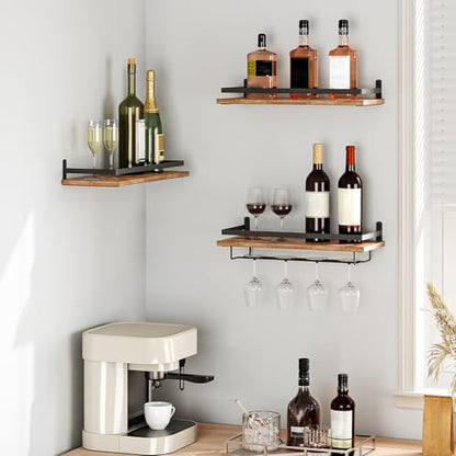 HOOBRO Wall Mounted Wine Rack 3 Pack, Wine Rack with Glass Bottle Holder, Hanging Wine Shelves with Stemware Hanger, Wine Display Storage Rack for Home Bar, Kitchen, Dining Room, Rustic Brown BF34BJ01