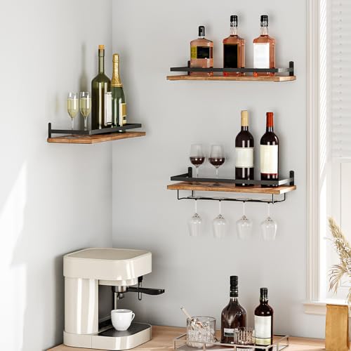 HOOBRO Wall Mounted Wine Rack 3 Pack, Wine Rack with Glass Bottle Holder, Hanging Wine Shelves with Stemware Hanger, Wine Display Storage Rack for Home Bar, Kitchen, Dining Room, Rustic Brown BF34BJ01